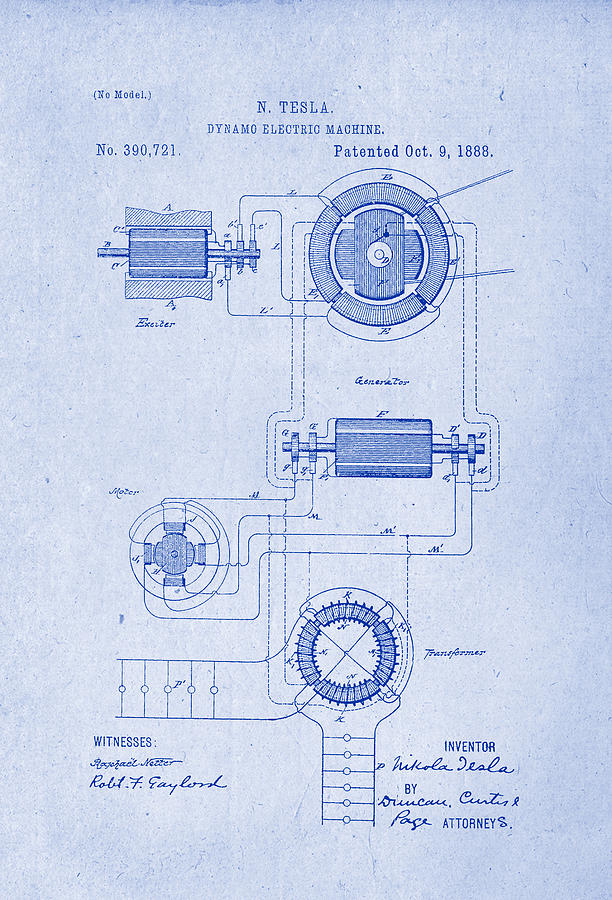 Dynamo Electric Machine - Tesla Patent Drawing from 1888 - Blueprint ...