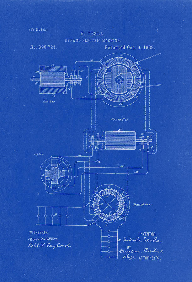 Dynamo Electric Machine - Tesla Patent Drawing from 1888 - Blueprint #1 ...