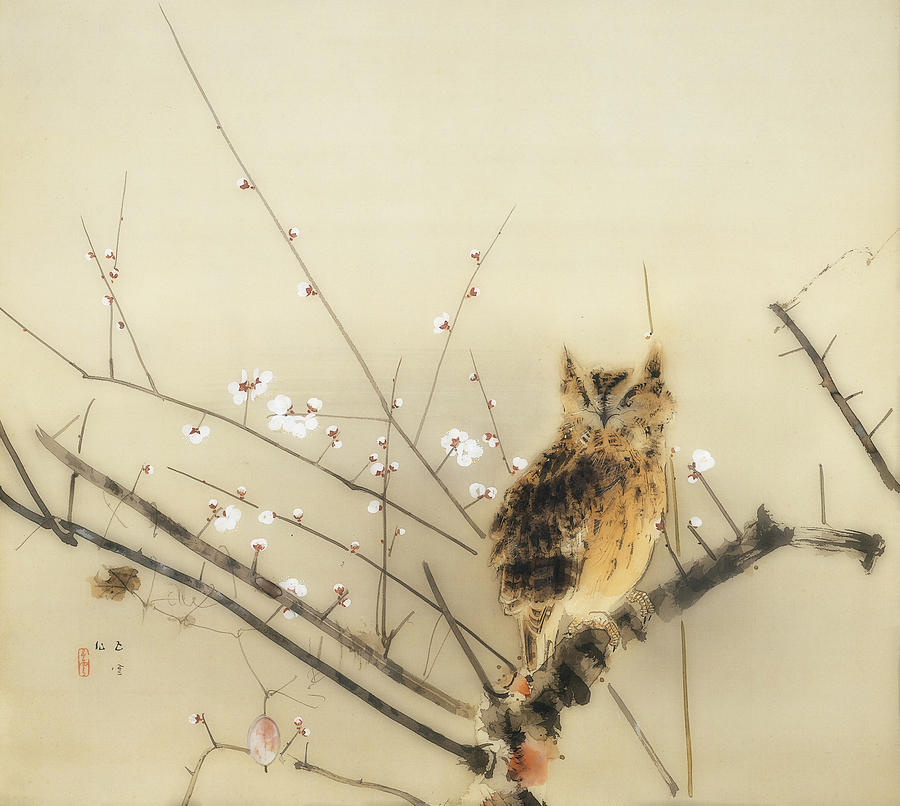 Owl Painting - Early Plum Blossoms #1 by Mountain Dreams