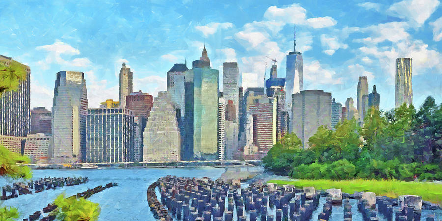 East River Pilings and New York City #1 Digital Art by Digital Photographic Arts