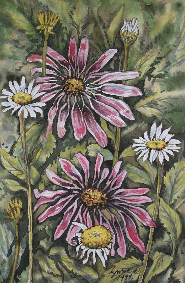Echinachea and  Daisies Painting by Lynne Haines