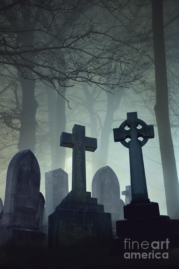 Eerie Graveyard At Night In Winter Fog #1 Photograph by Lee Avison