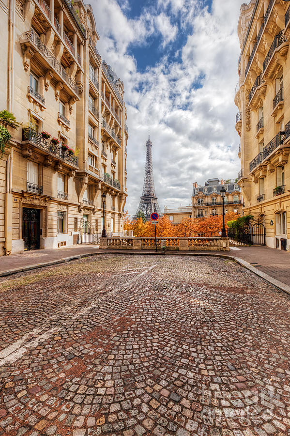 Eiffel Tower seen from the street in Paris, France.  Cobblestone pavement #1 Photograph by Michal Bednarek