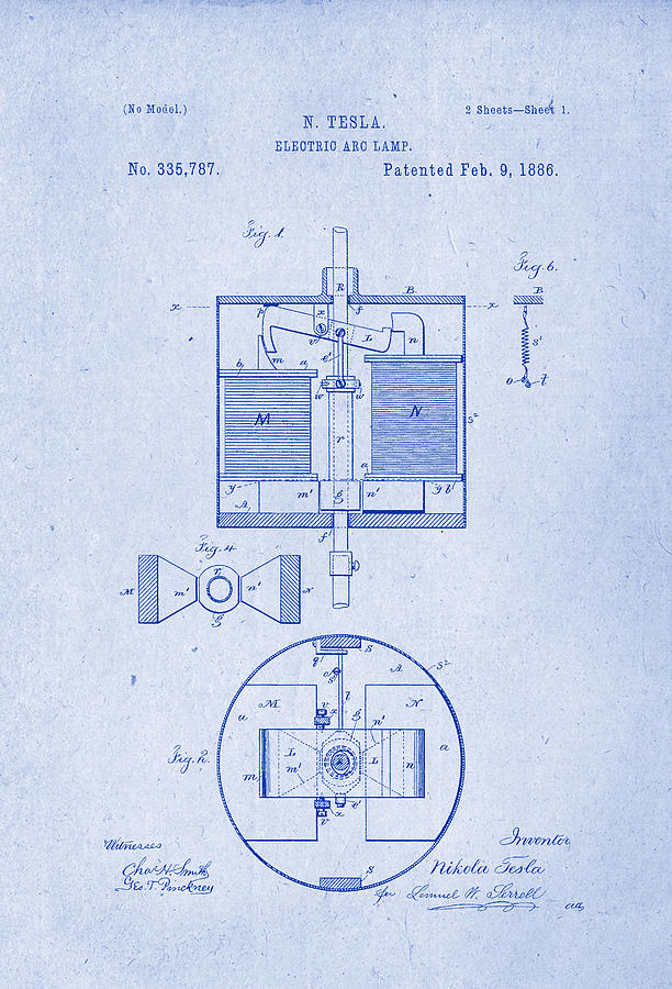 Electric Arc Lamp - Nikola Tesla Patent Drawing from 1886 - Blueprint ...