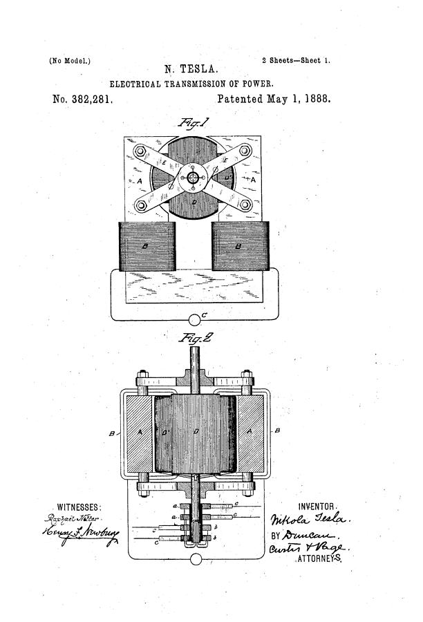 Electrical Transmission of Power - Nikola Tesla Patent Drawing from ...