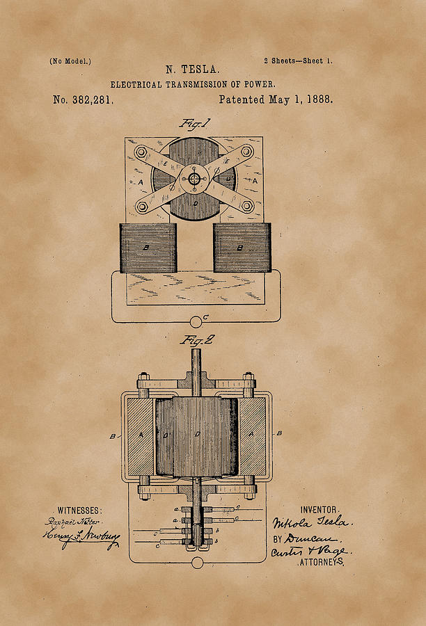 Electrical Transmission of Power - Nikola Tesla Patent Drawing from ...