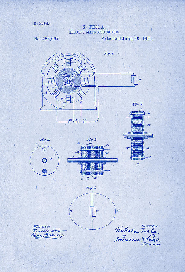 Electro Magnetic Motor - Nikola Tesla Patent Drawing From 1891 