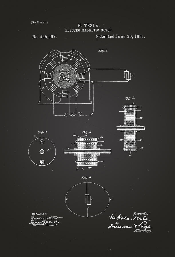 Electro Magnetic Motor - Nikola Tesla Patent Drawing from 1891 ...