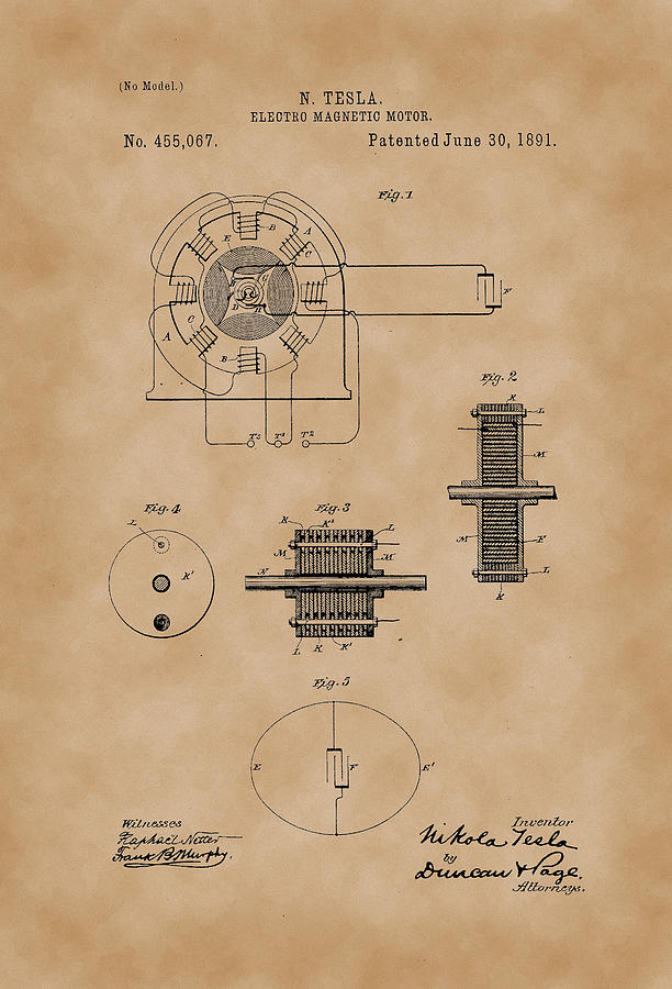 Electro Magnetic Motor - Nikola Tesla Patent Drawing from 1891 ...