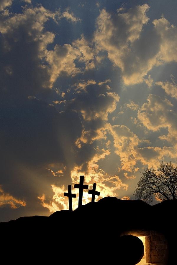 Easter Photograph - Empty Tomb And Three Crosses #1 by Colette Scharf