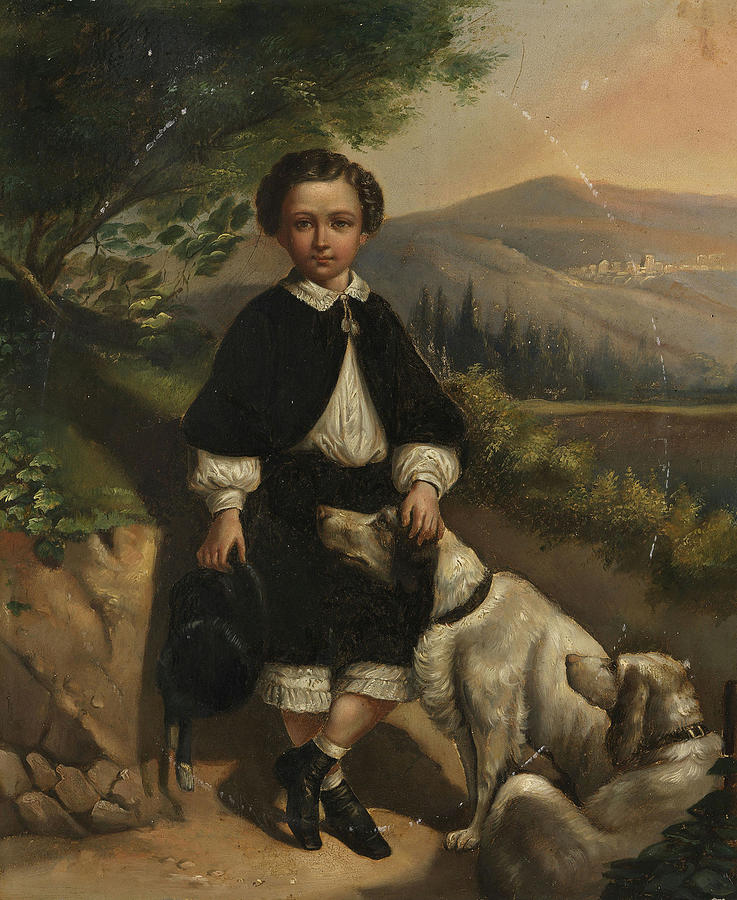 England boy portrait with dogs #1 Painting by MotionAge Designs