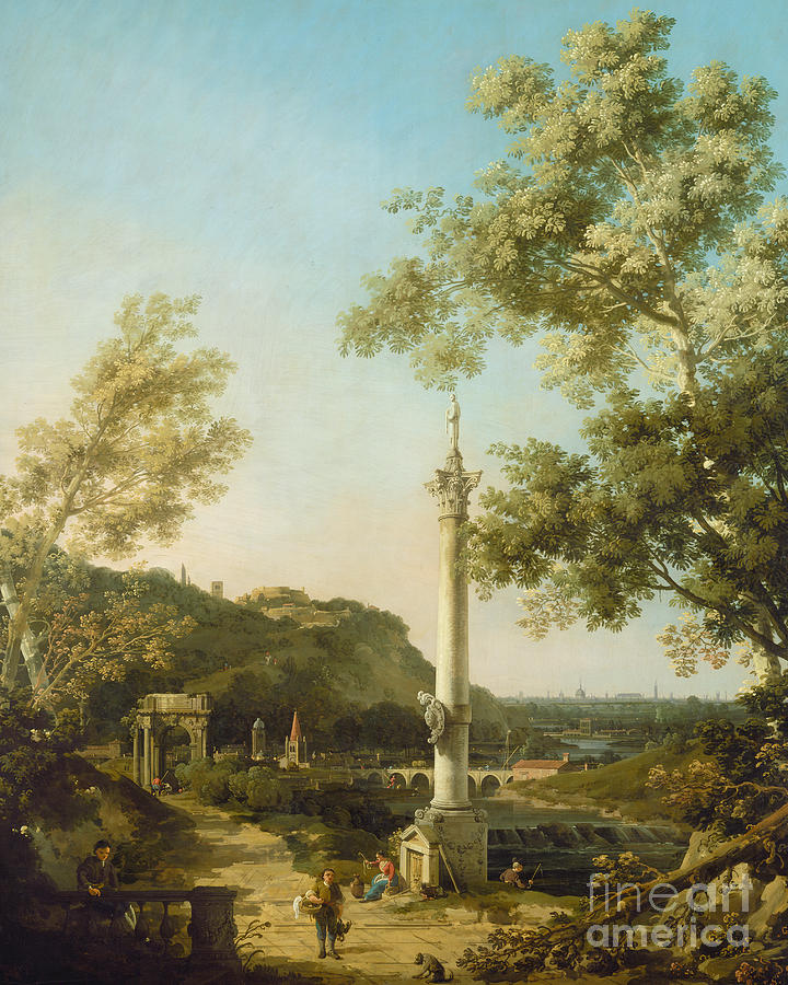 Canaletto Painting - English Landscape Capriccio with a Column by Canaletto