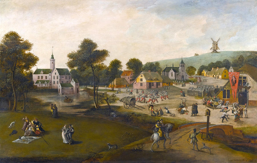 Entrance to a village with peasants carousing #1 Painting by Jacob Grimmer