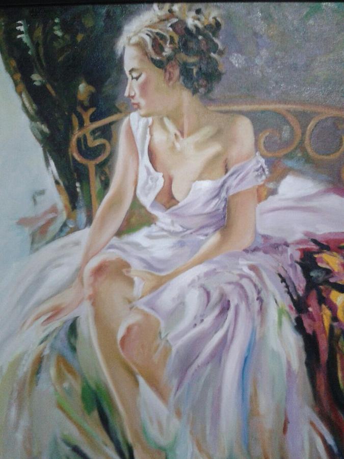 Lady  in her white gown.  Painting by Usha Mishra