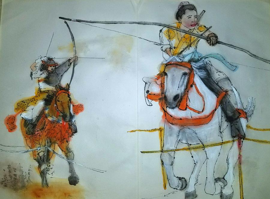 Falconry Jousting And Archery On Horse Album #1 Painting by Debbi Saccomanno Chan