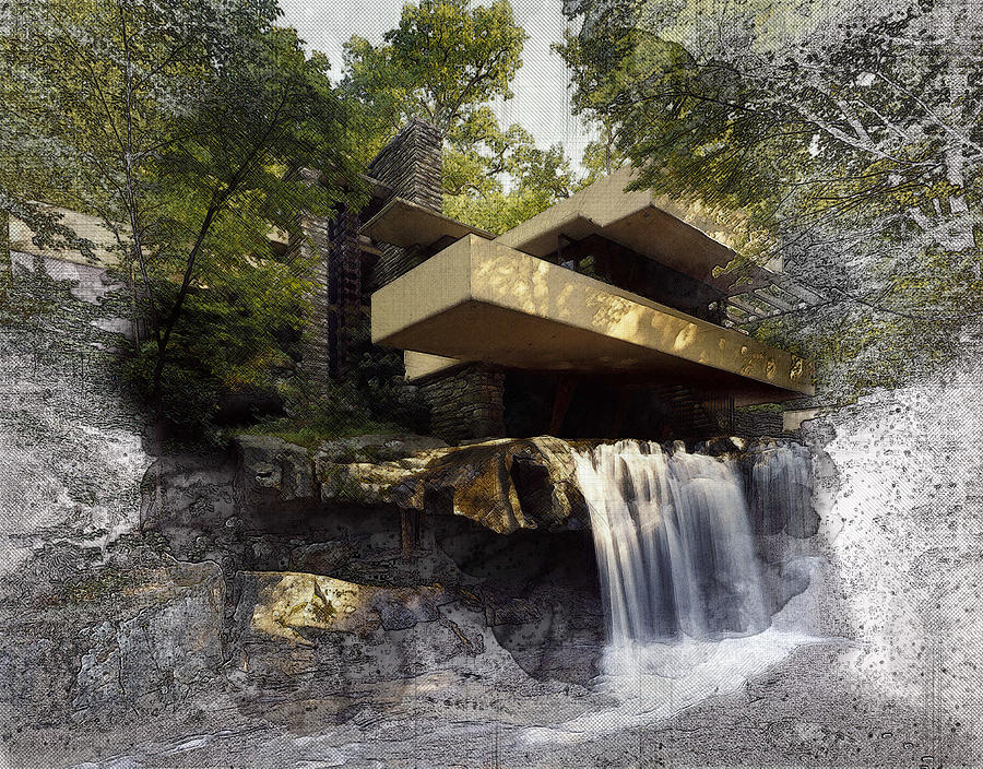 Architecture Digital Art - Fallingwater architecture drawing by Louis Ferreira