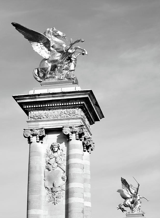 Fames and Pegasus atop Pont Alexandre III Bridge Column in Paris France Black and White #1 Photograph by Shawn OBrien