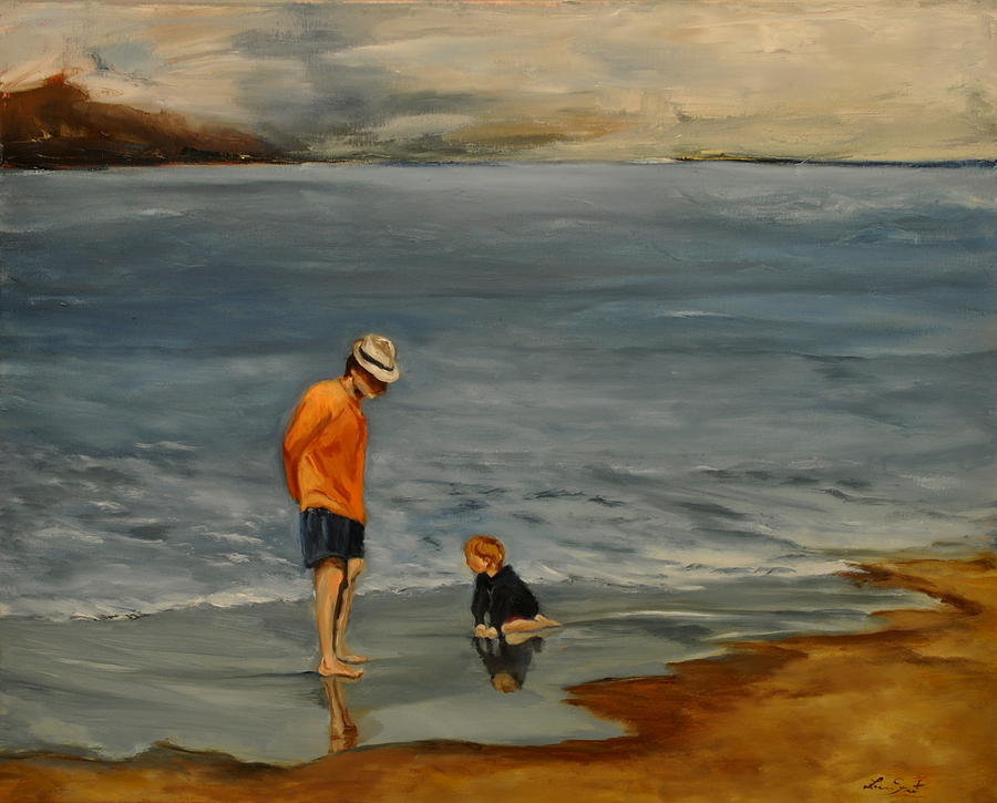 Family on beach #1 Painting by Lindsay Frost