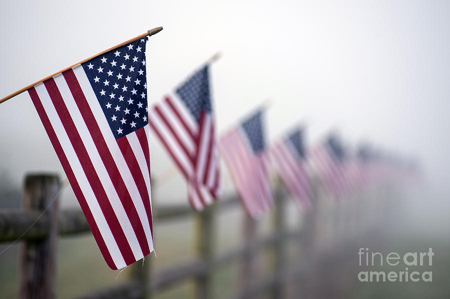 Farm With Fence And American Flags #1 Photograph by Jim Corwin