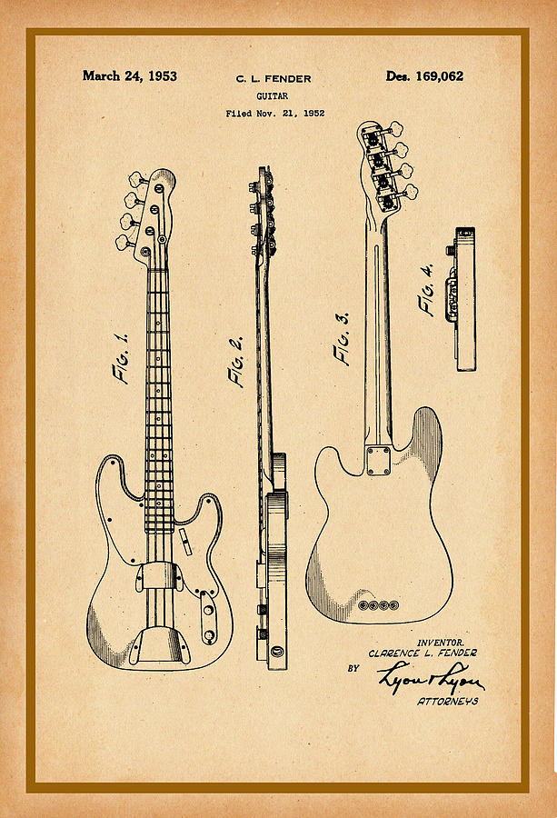 Fender Bass Guitar Patent Drawing 1953 Photograph by Carlos Diaz