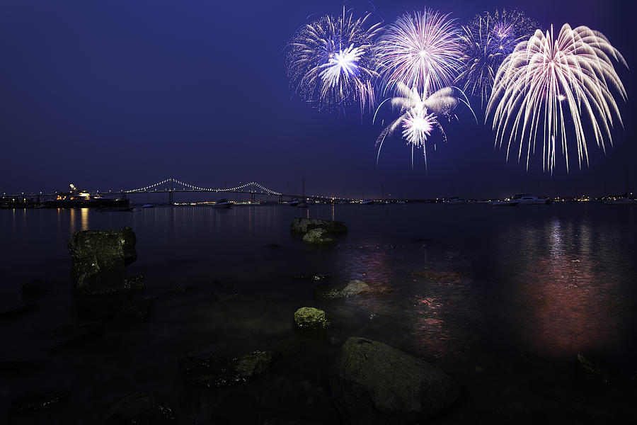 Bridge Photograph - Fireworks over Newport Bridge #1 by Billy Bateman