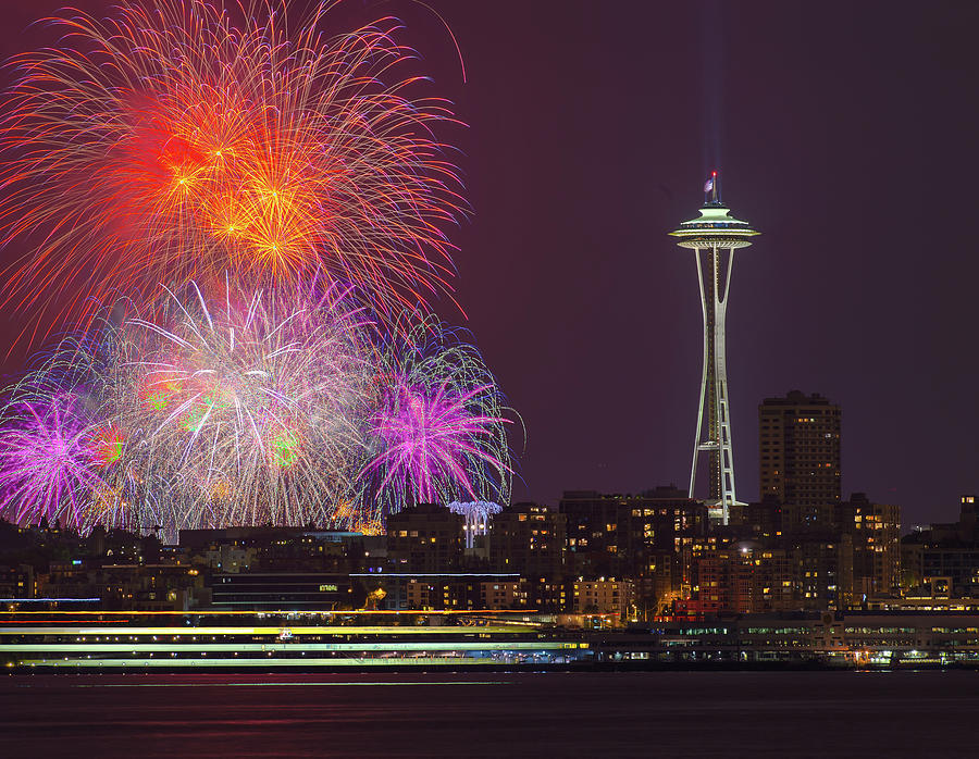 Fireworks with Space Needle #1 Photograph by Hisao Mogi