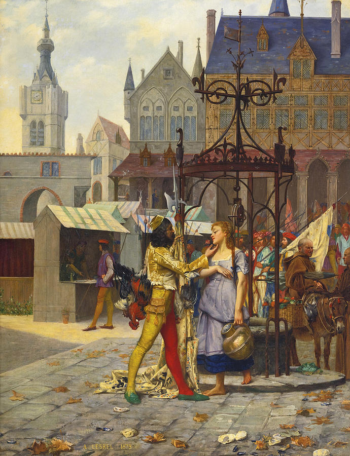 Flirtation in the Town Square #2 Painting by Adolphe-Alexandre Lesrel
