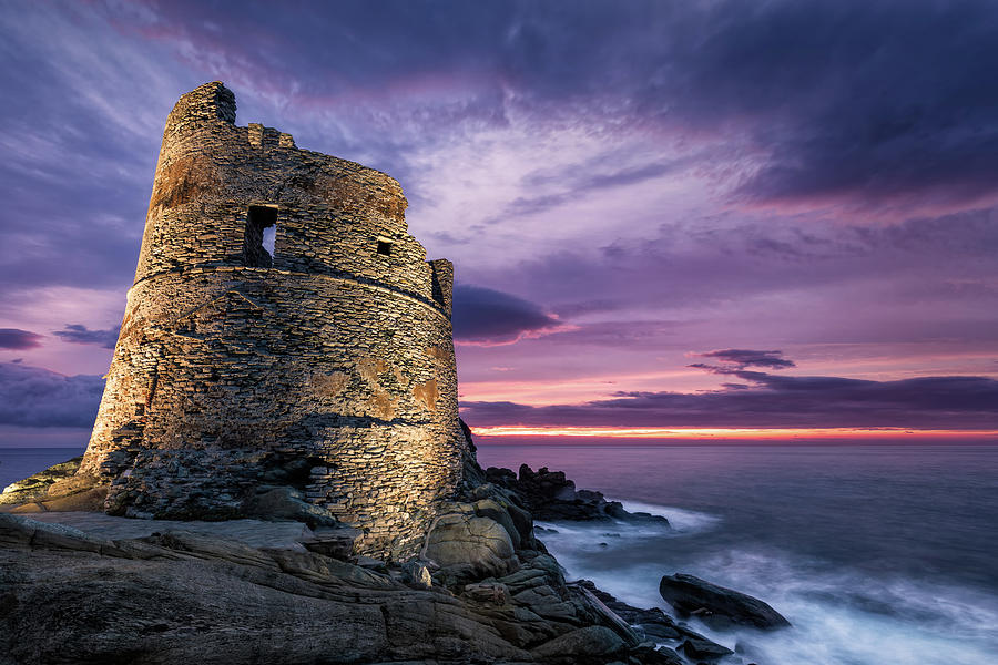 Ancient Photograph - Floodlit Genoese tower at Erbalunga in Corsica at sunrise #1 by Jon Ingall