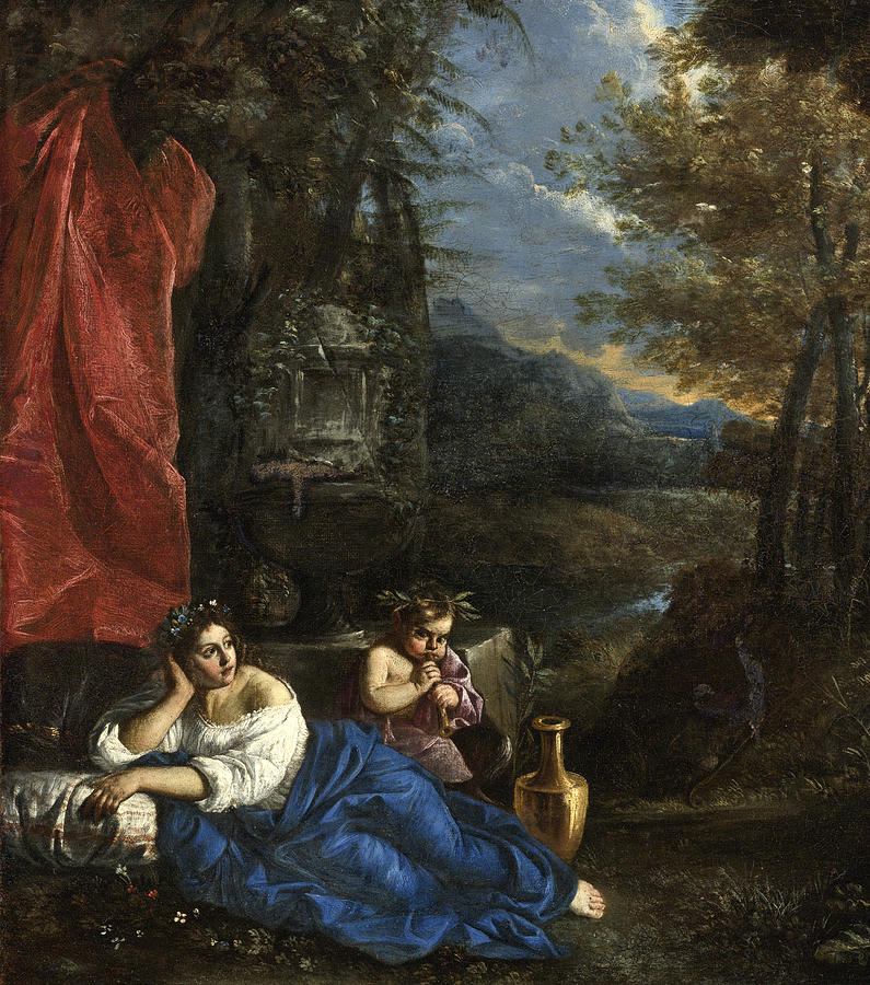Flora and the Infant Bacchus in a wooded Landscape #2 Painting by Pier Francesco Mola