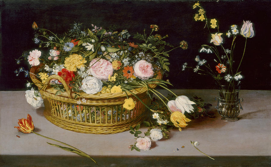 Flowers in a Basket and a Vase #3 Painting by Jan Brueghel the Elder