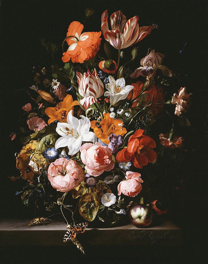 Rachel Ruysch Painting - Flowers In A Glass Vase #1 by Rachel Ruysch