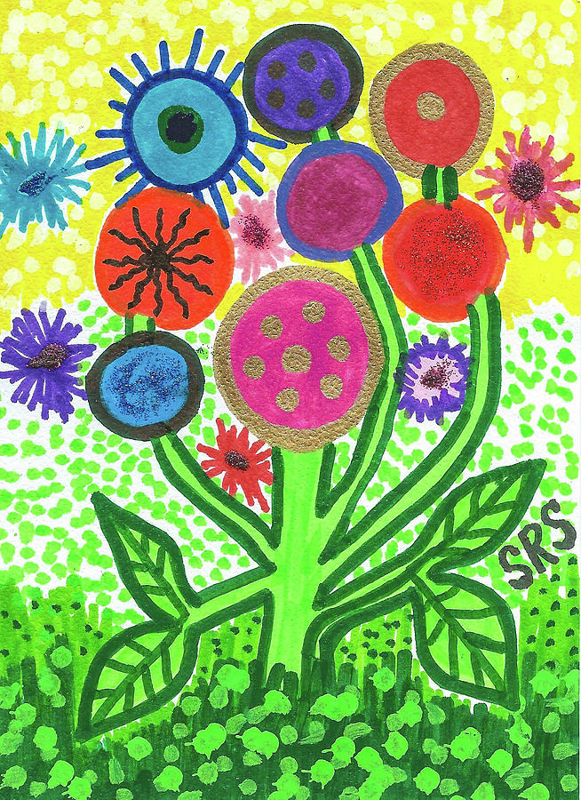 Flowers In The Round 9.7 Drawing by Susan Schanerman