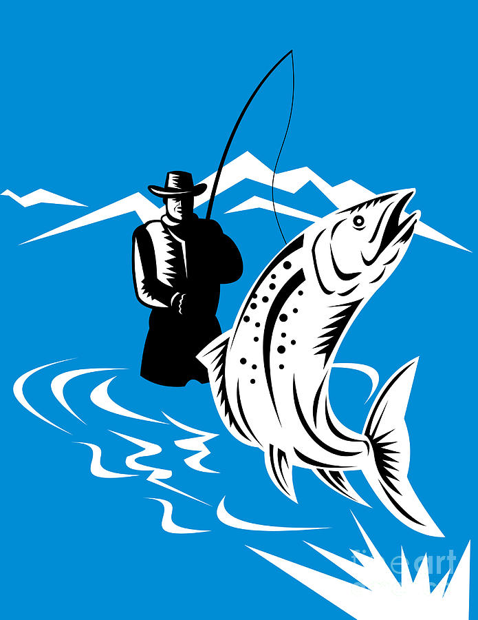 Trout Digital Art - Fly fisherman catching trout #1 by Aloysius Patrimonio