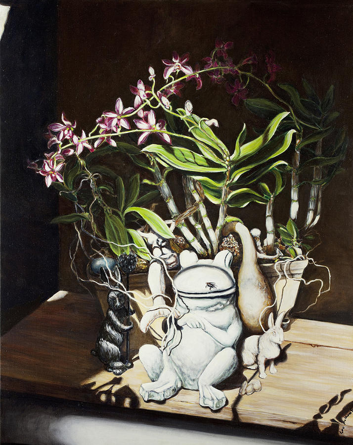 Still Life Painting - Fly Frog and Orchid #1 by Leo Malboeuf