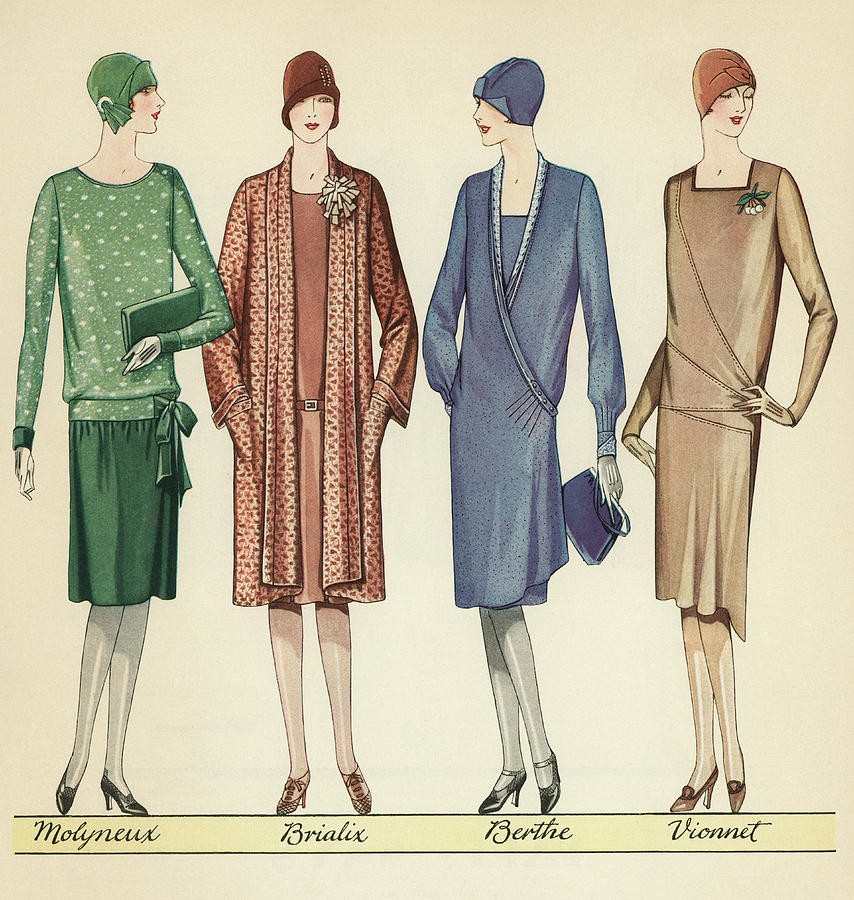 Four Flappers Modelling French Designer Outfits, 1928 Painting by ...