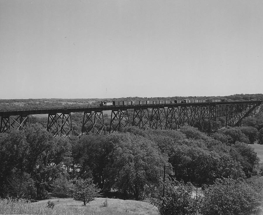 Freight Train Crossing Iowa High Bridge - 1957 Photograph by Chicago and North Western Historical Society