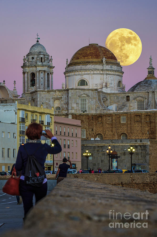Andalucia Photograph - Full Moon Over the Cathedral Cadiz Spain #1 by Pablo Avanzini