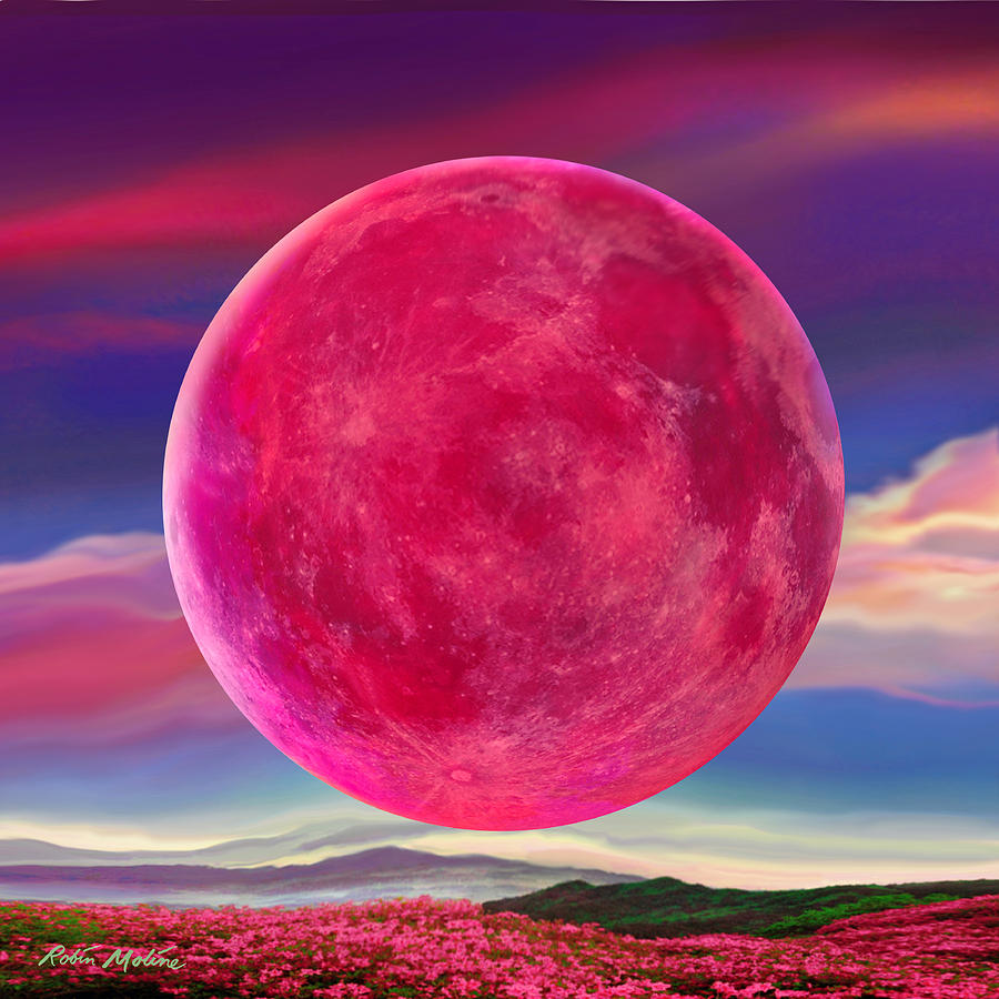 Painting Watercolor Not a Print Pink Moon Painting Full Moon Night Sky ...