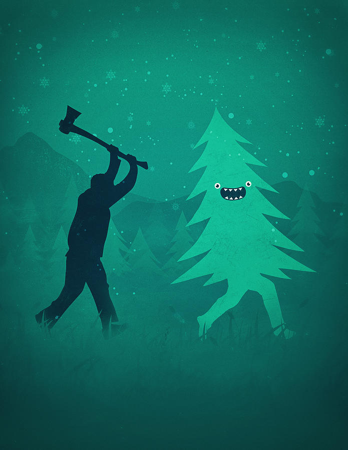 Funny Cartoon Christmas Tree Is Chased By Lumberjack Run Forrest Run Digital Art