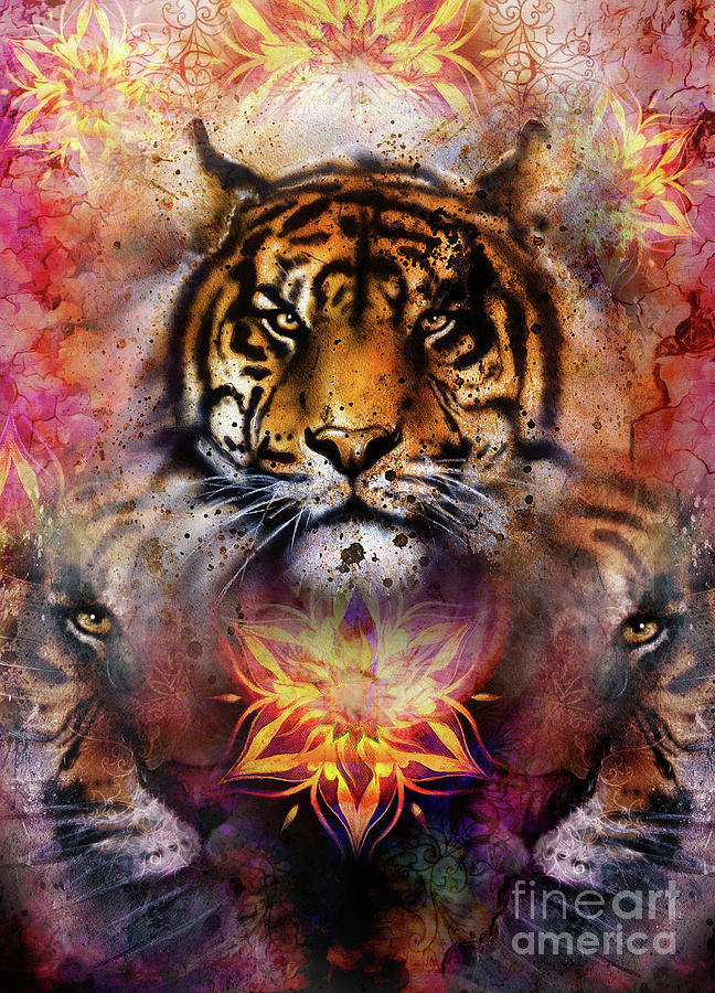 gentle portrait tiger on ornamental background. computer collage. Color  Abstract background, old paper structure. Animal concept. Painting by Jozef  Klopacka - Fine Art America