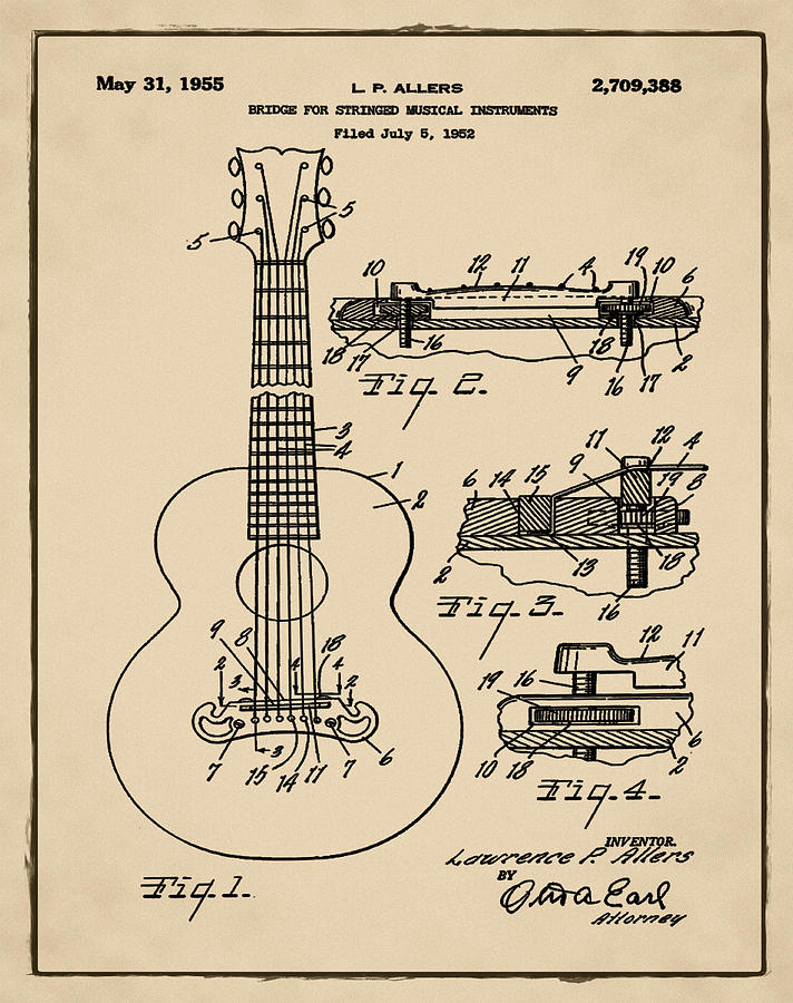Music Photograph - Gibson Acoustic Guitar Patent 1955 Sepia #1 by Bill Cannon
