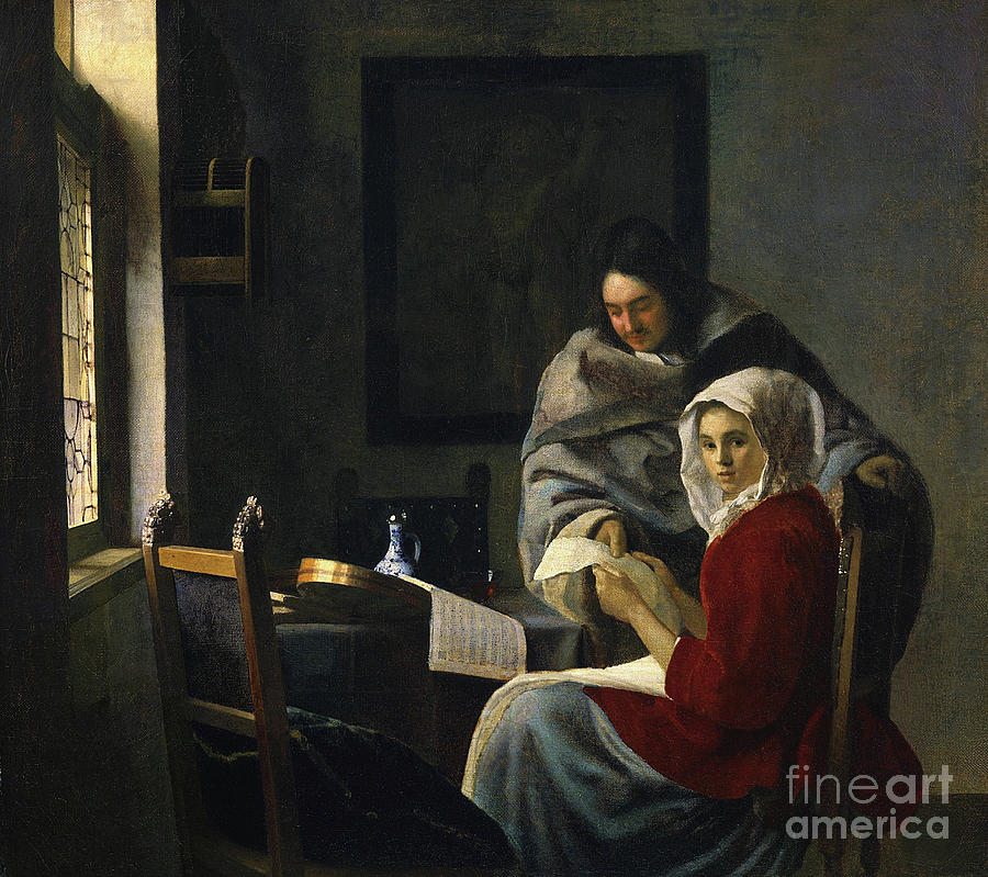 Jan Vermeer Painting - Girl interrupted at her music by Jan Vermeer