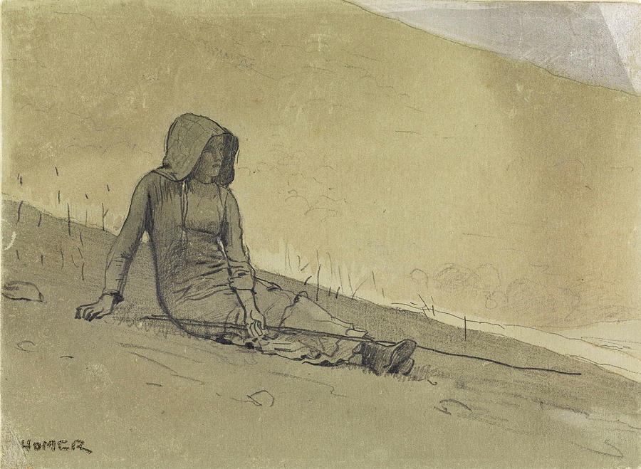 Girl Seated on a Hillside Drawing by Winslow Homer