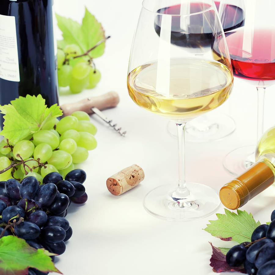 Wine Photograph - Glasses of white, red and rose wine and grapes  #1 by Natalia Klenova