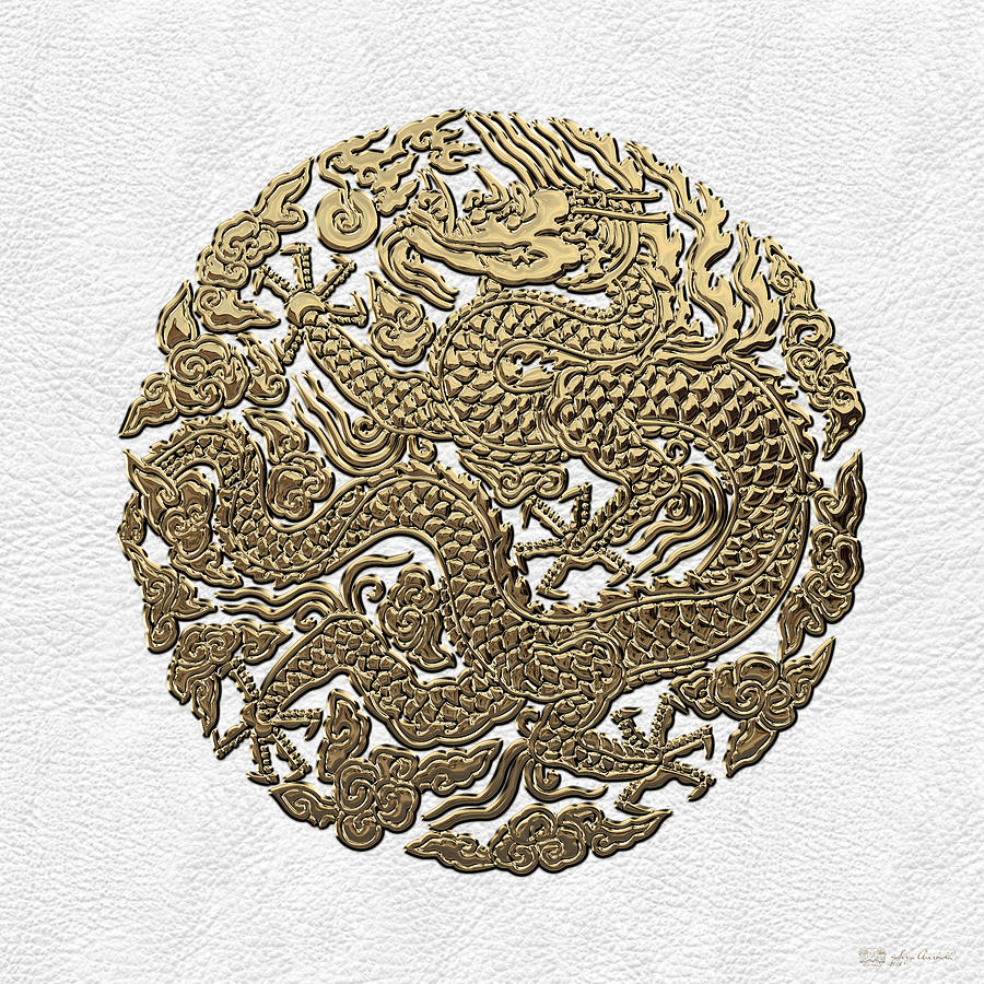 Golden Chinese Dragon White Leather  #1 Digital Art by Serge Averbukh