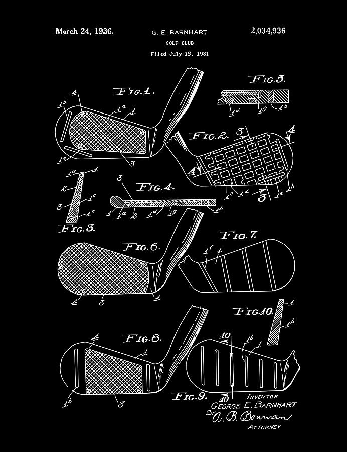 Golf Club Patent Drawing Black 3 Digital Art