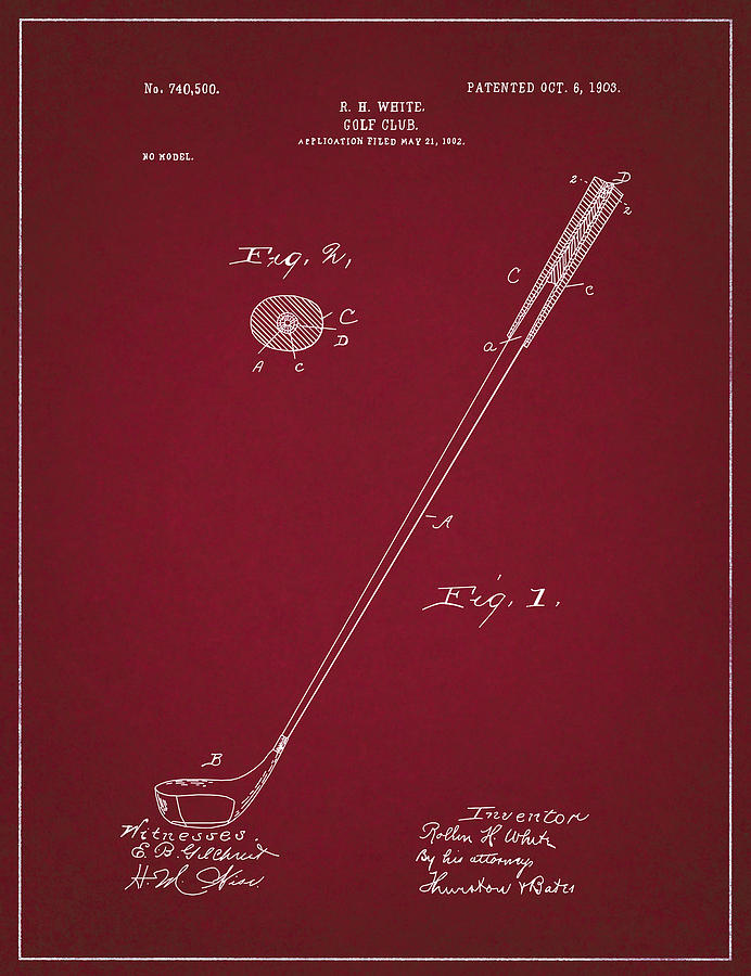 Golf Club Patent Drawing Dark Red 2 Digital Art