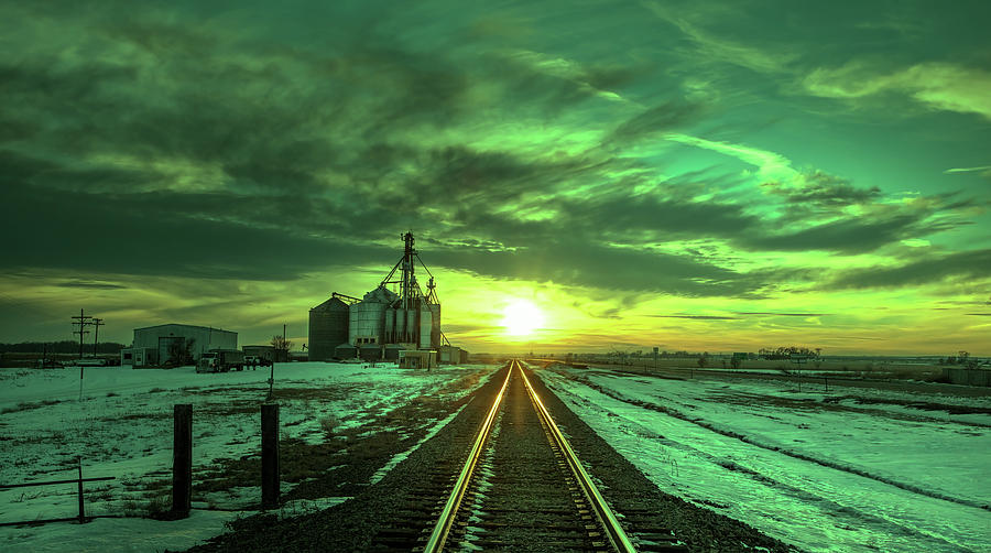Grain Elevator And Rail Line At Sunset #1 Photograph by Mountain Dreams