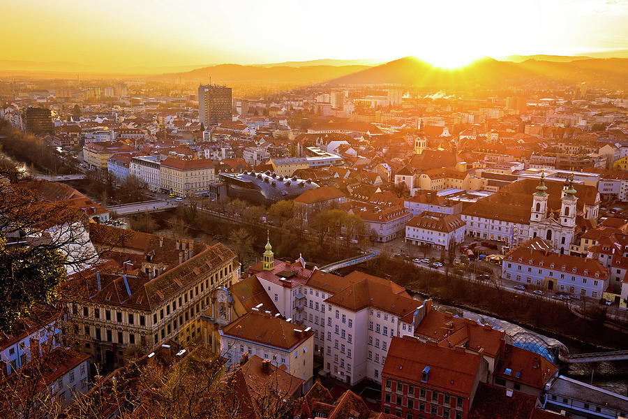 Graz city center aerial view at burning sunset #1 Photograph by Brch Photography