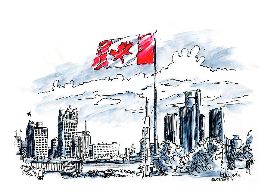 Detroit Drawing - Great Canadian Flag Windsor Detroit Skyline Fountain Pen Ink Dra #1 by Frank Ramspott